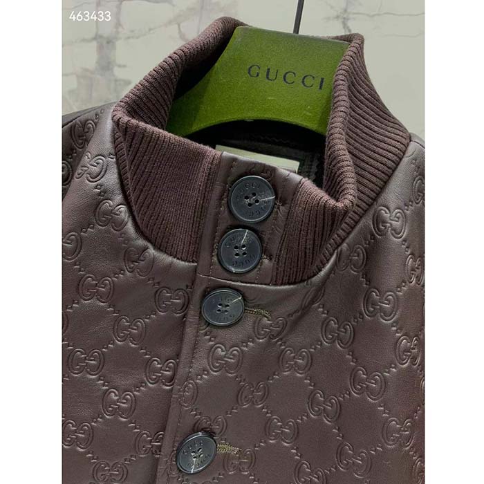 Gucci Men GG Leather Bomber Jacket Brown Lambskin Front Patch Pockets