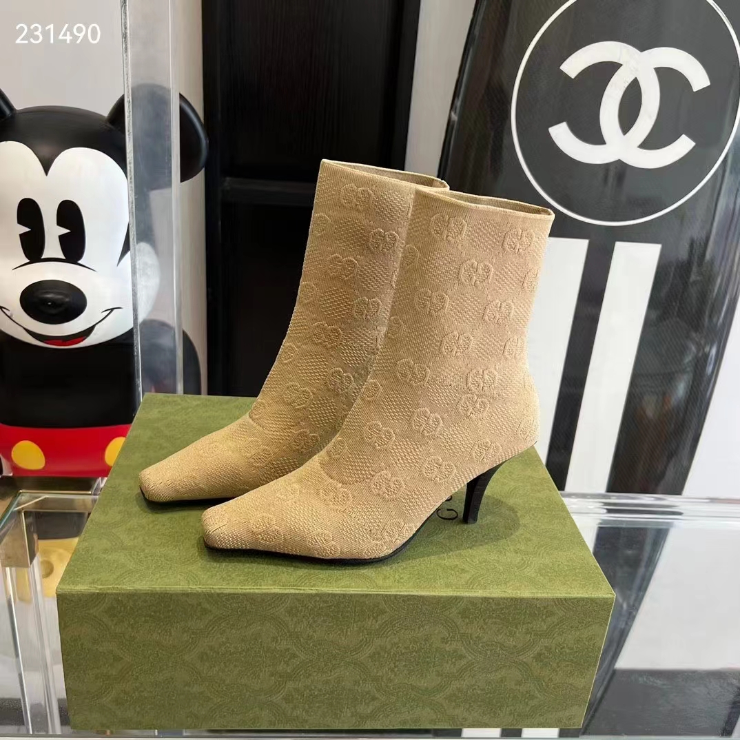 Gucci Women GG Knit Ankle Boots Beige GG Technical Knit Fabric Square Toe Leather Mid-Heel