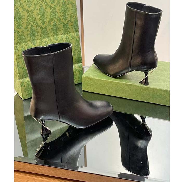 Gucci Women GG Ankle Boot Black Leather Geometric Heel Metal Inserts High-Heel