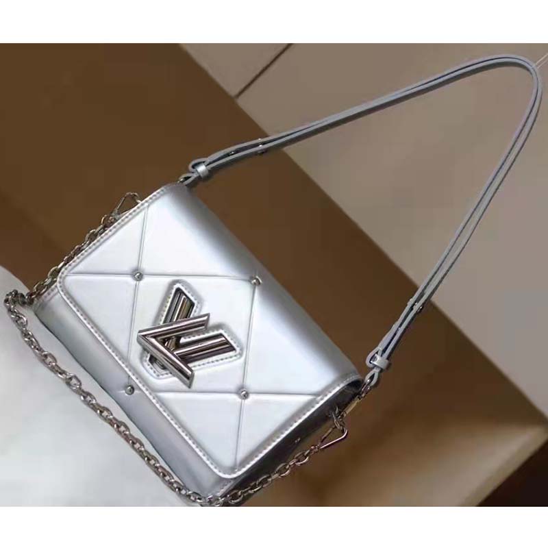 Louis Vuitton LV Women Twist PM Handbag Silver Argent Sheepskin Calfskin Leather