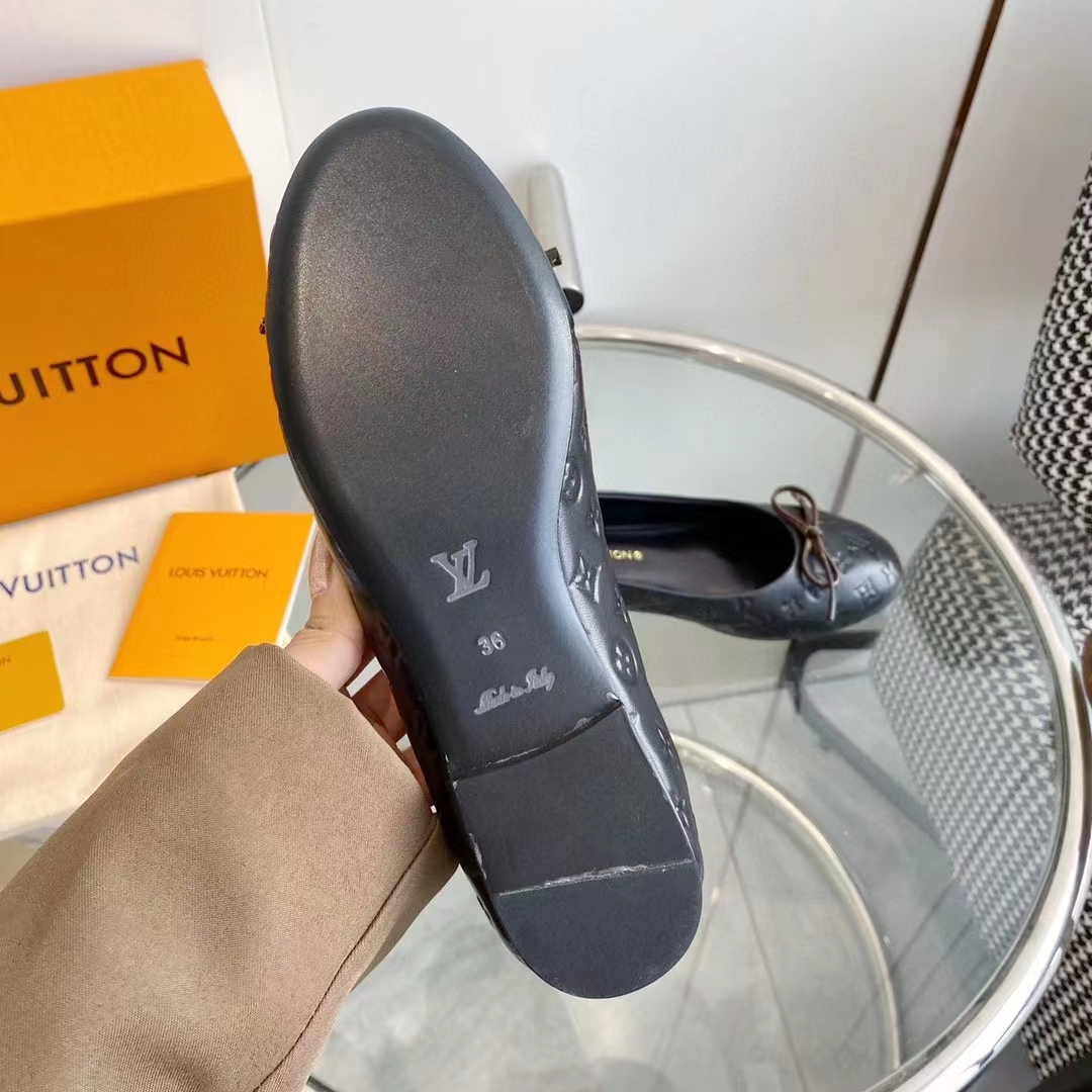 Louis Vuitton LV Women Nina Flat Ballerina Black Monogram Embossed Calf Leather Canvas Bow