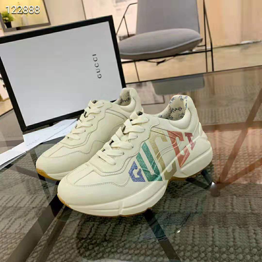 Gucci Women Rhyton Glitter Gucci Leather Sneake-Beige