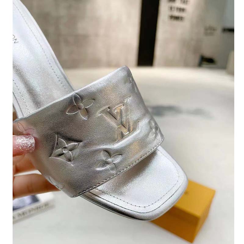Louis Vuitton LV Women Revival Mule Silver Monogram Embossed Metallic Lambskin