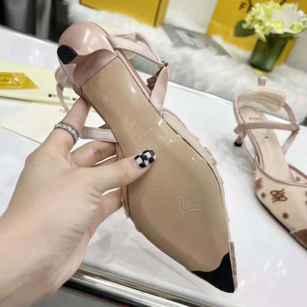 Fendi Women Colibri Lite Beige Mesh and FF Karligraphy Medium-Heel Slingbacks