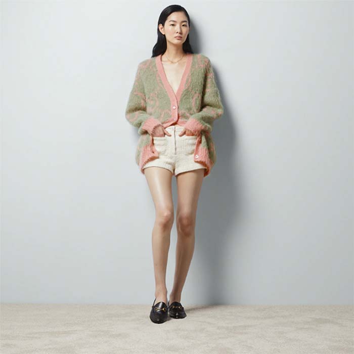 Gucci Women Reversible GG Mohair Cardigan Light Green Pink Brushed Jacquard Wool V-Neck