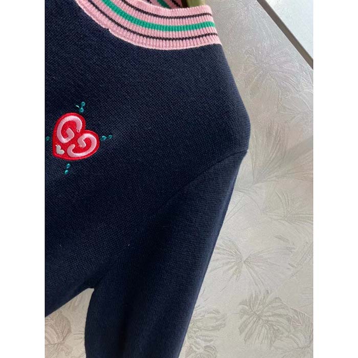Gucci Women Fine Knit Sweater Embroidery GG Heart Round Neck
