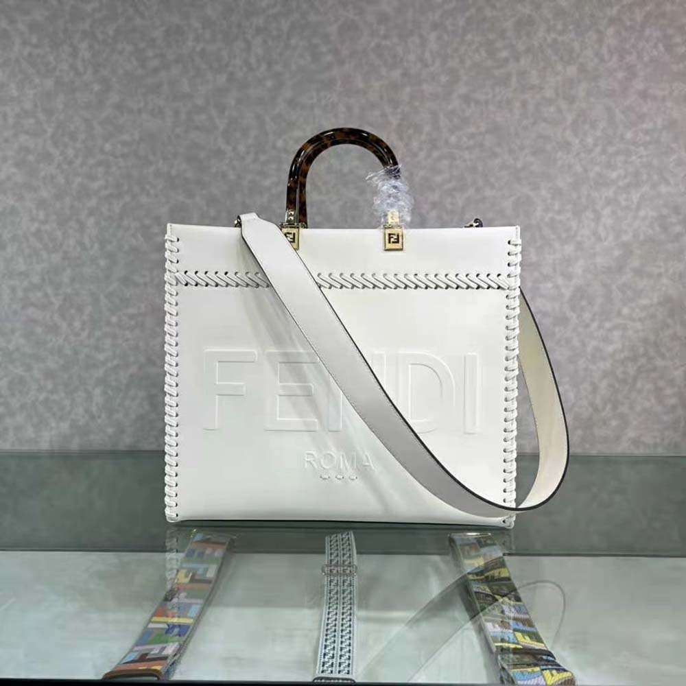 Fendi Women Sunshine Medium White Leather Shopper with Decorative Stitching