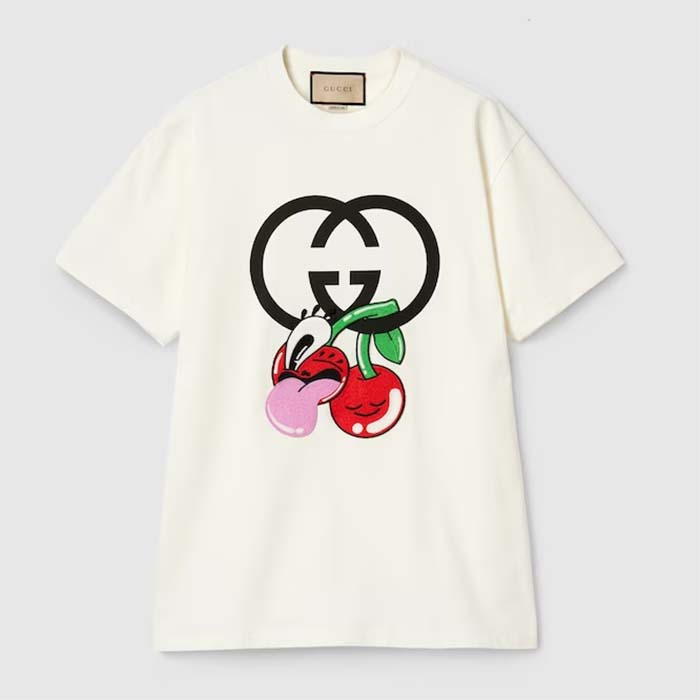 Gucci Men GG Cotton Jersey Printed T-Shirt Beige Crewneck Short Sleeves