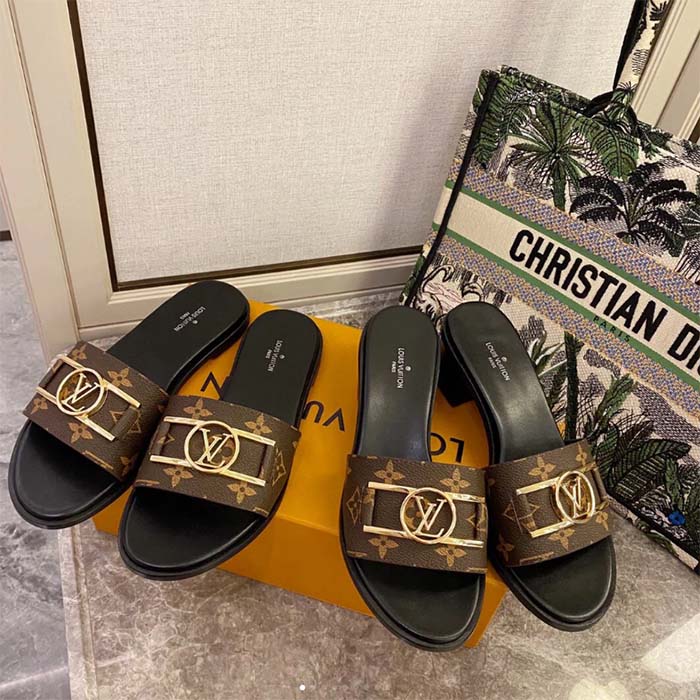 Louis Vuitton LV Women Lock It Mule Brown Patent Monogram Canvas Leather Outsole