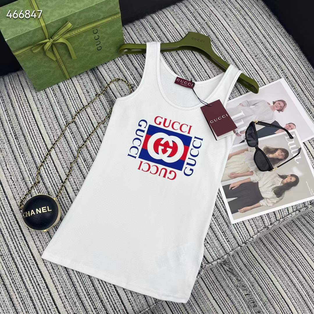 Gucci Women GG Rib Cotton Tank Top Gucci Print White Scoop Neck Sleeveless