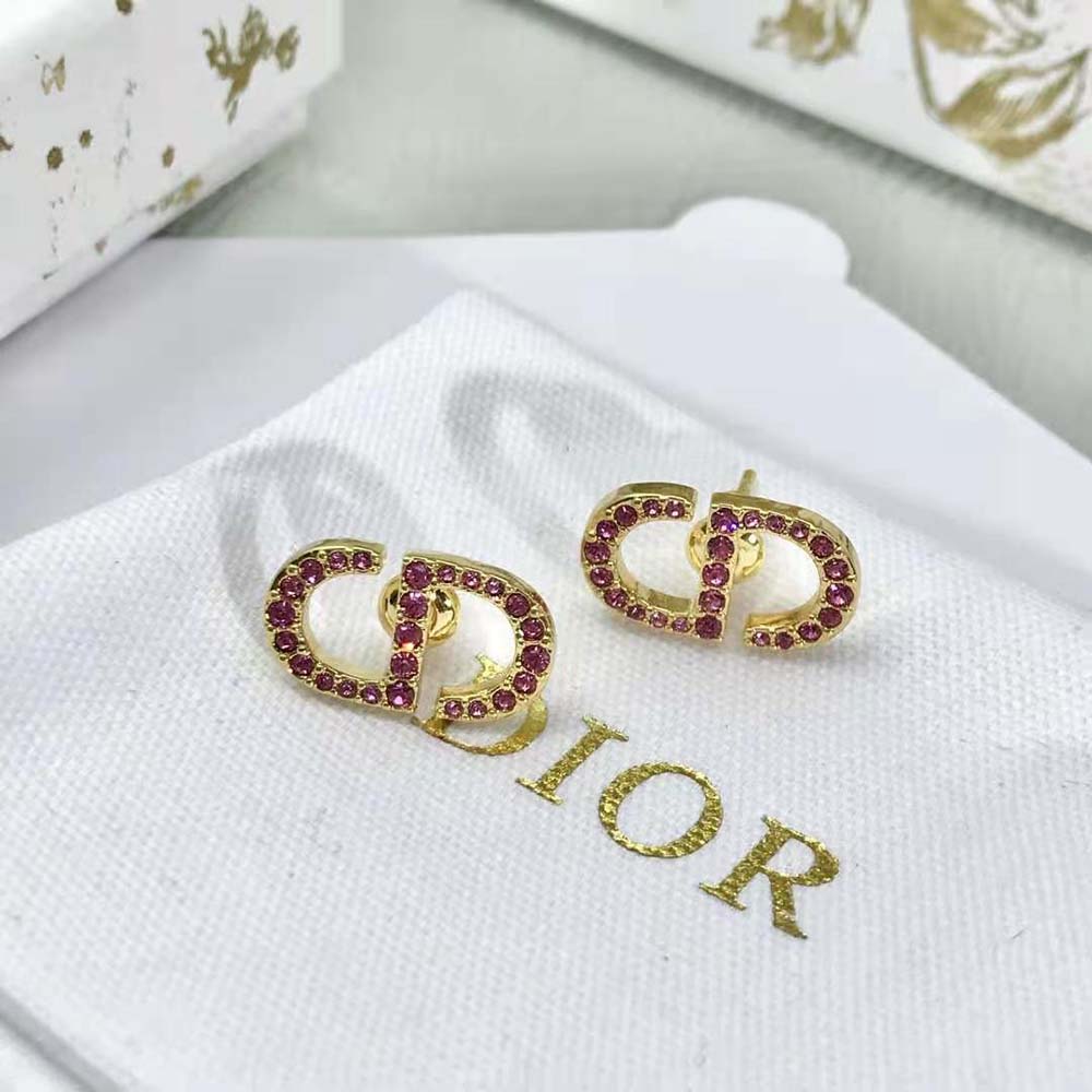 Dior Women Petit CD Stud Earrings Gold-Finish Metal and Light Pink Crystals