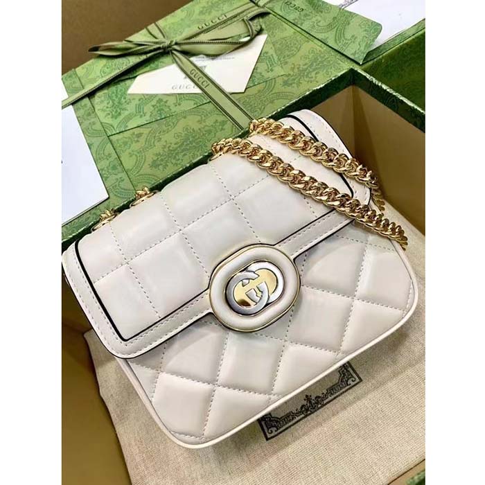 Gucci Women GG Deco Mini Shoulder Bag White Quilted Leather Interlocking G