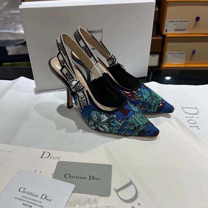 Dior CD Women J’Adior Slingback Pump Cobalt Blue Multicolor Embroidered Cotton Toile De Jouy Voyage