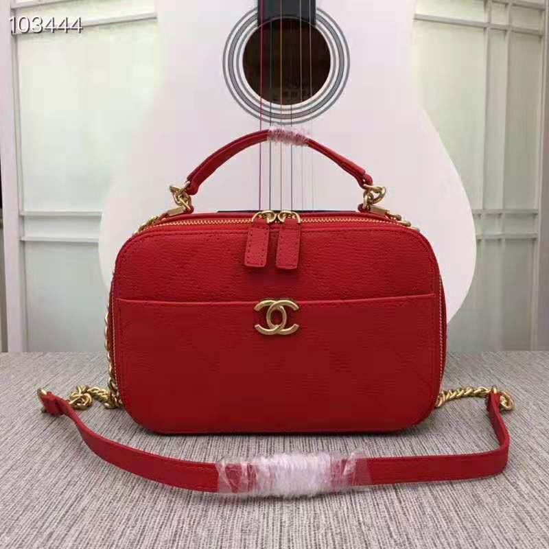 Chanel Women Vanity Case in Embossed Grained Calfskin Metal Chain-Red