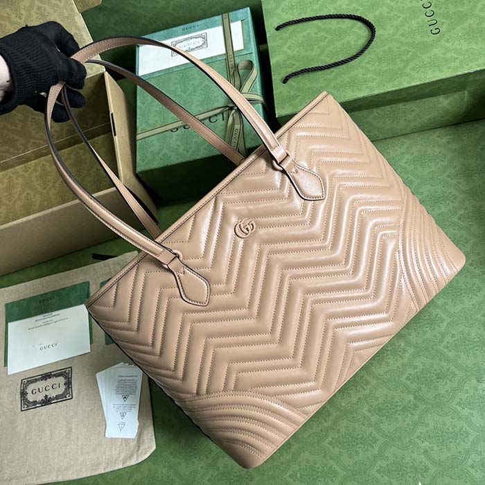 Gucci Women GG Marmont Large Tote Bag Rose Beige Matelassé Chevron Leather