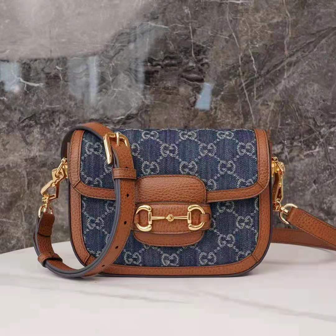Gucci Women Horsebit 1955 Mini Bag Dark Blue Ivory Eco Washed Organic GG Jacquard Denim