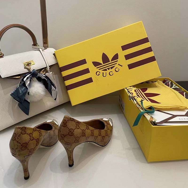 Gucci Women Adidas x Gucci GG Pump Beige Brown GG Crystal Canvas 9 Cm Heel