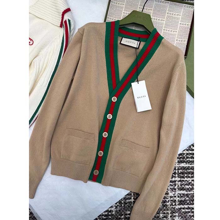Gucci Women GG Knit Wool Cardigan Web V-Neck Long Sleeves