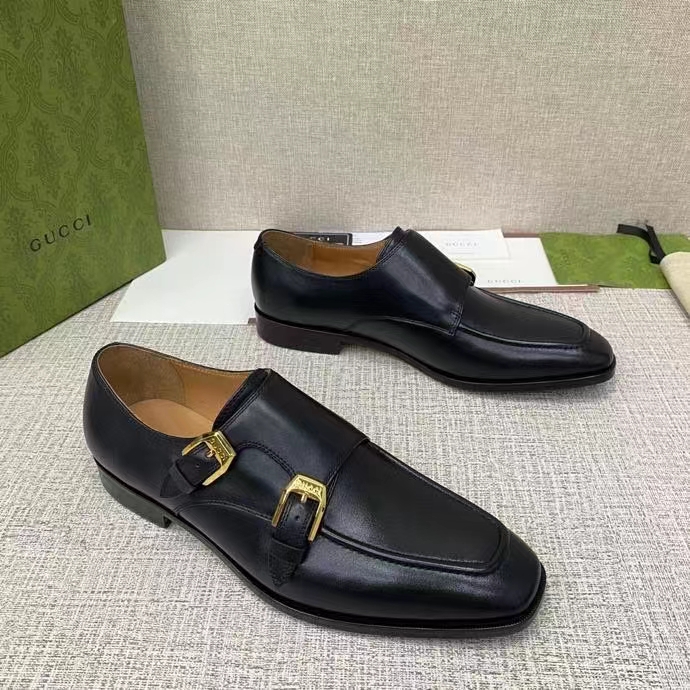 Gucci Men Monk Strap Loafer Smooth Black Leather Buckle Sole Flat 2 Cm Heel