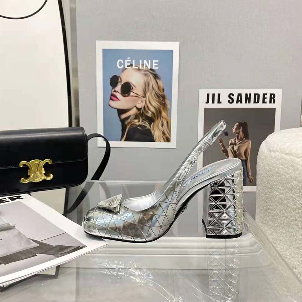 Prada Women Metallic Leather Slingback Pumps-Silver