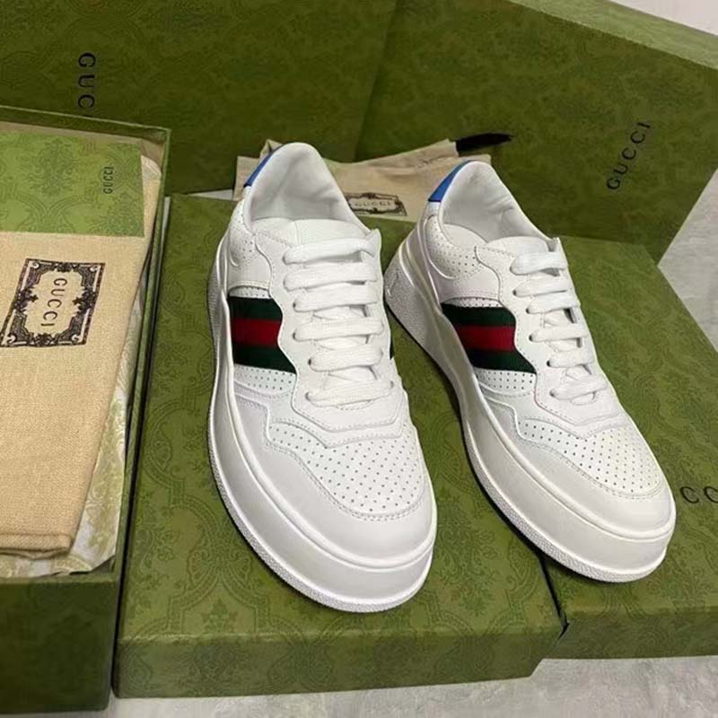 Gucci Unisex Sneaker Web White Leather Green Red Web Lace Up Flat