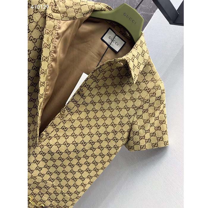 Gucci Women Original GG Canvas Jumpsuit Point Neck Short Sleeves Straight Fit