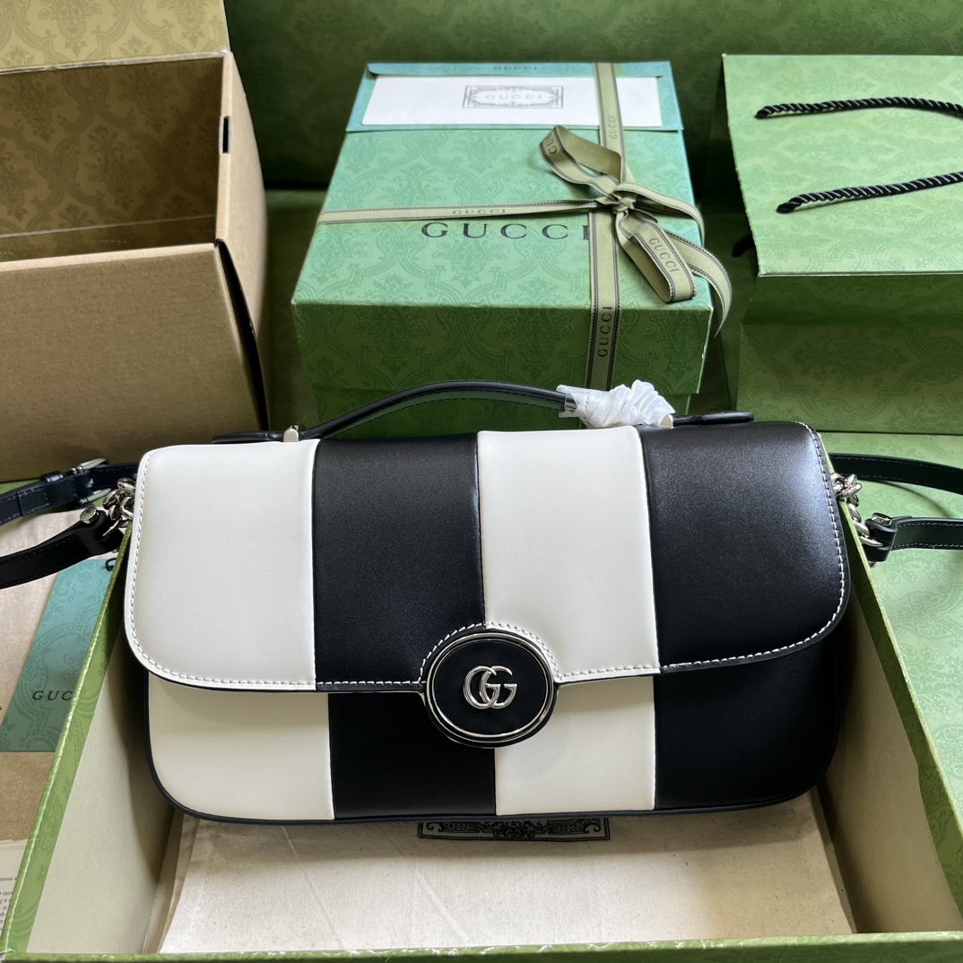 Gucci Women Petite GG Small Shoulder Bag Black White Leather Double G