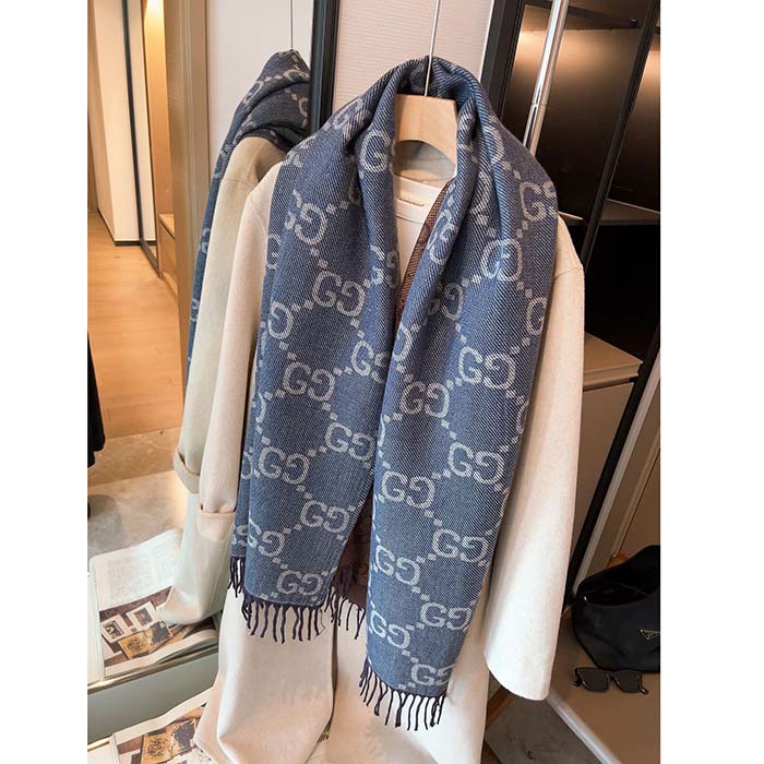Gucci Unisex GG Cashmere Jacquard Scarf Blue Beige GG Cashmere Jacquard