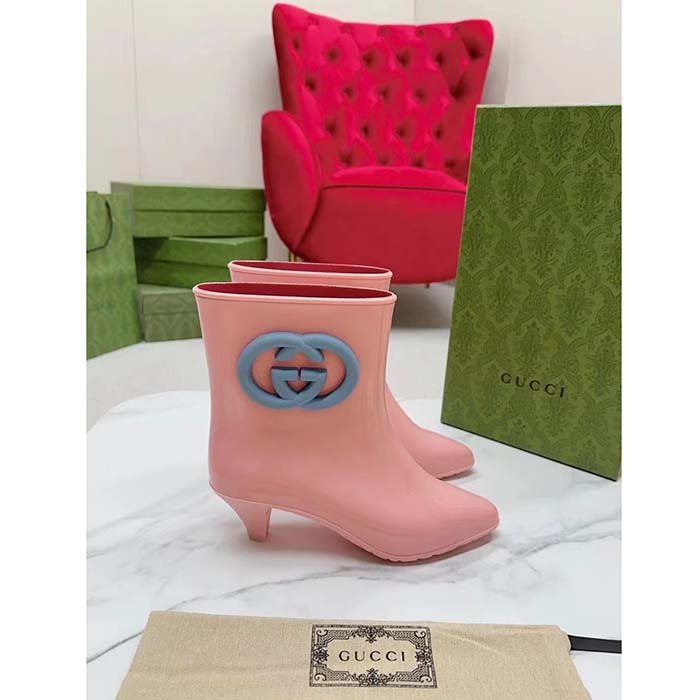 Gucci Women Interlocking G Ankle Boot Pink Shiny Rubber Matte Point Toe Low-Heel