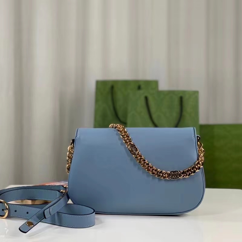 Gucci Women GG Blondie Mini Bag Light Blue Leather Round Interlocking G