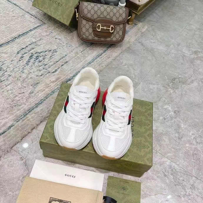 Gucci Unisex GG Rhyton Sneaker White Leather Mesh Rubber Sole Low Heel