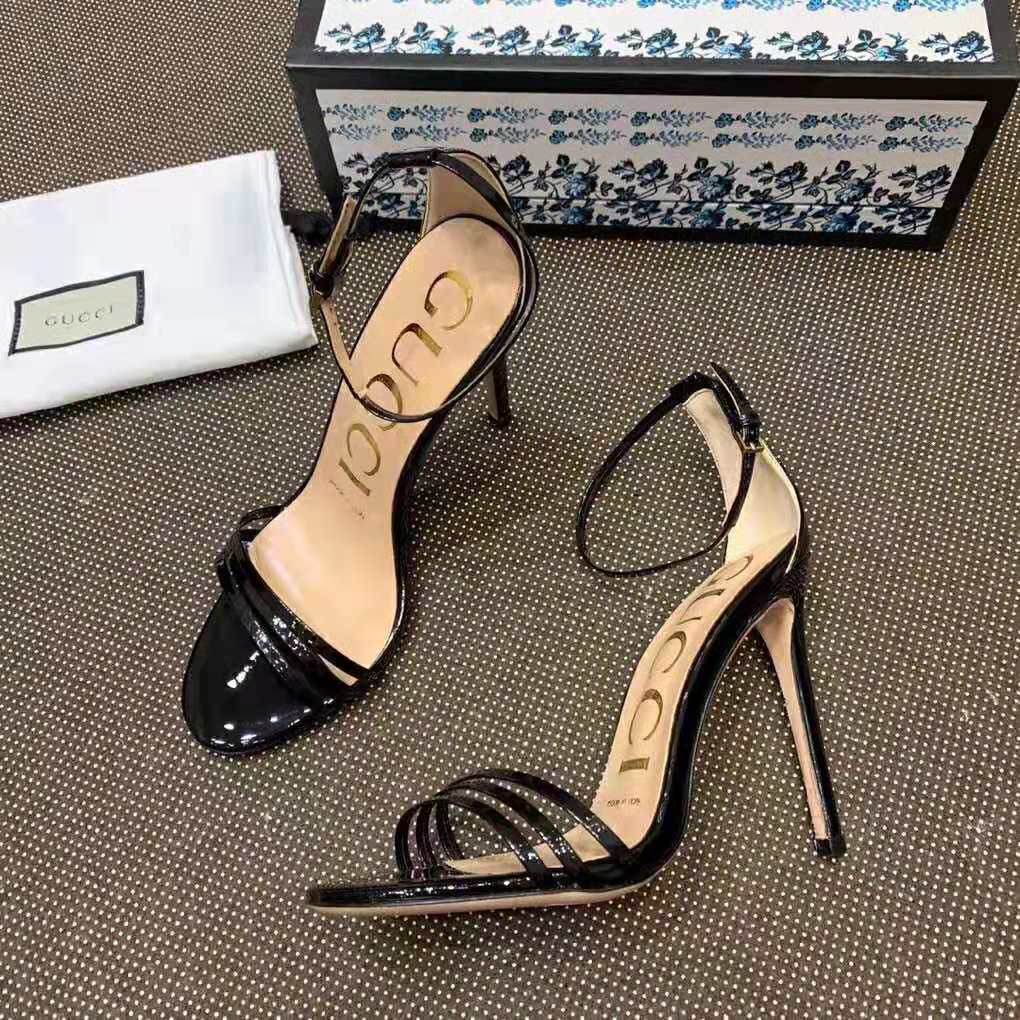 Gucci Women Patent Leather Sandal 11.4cm Thin Heel-Black