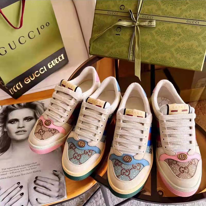 Gucci Unisex Screener Sneaker Crystals Brown Blue GG Canvas 3.6 cm Heel