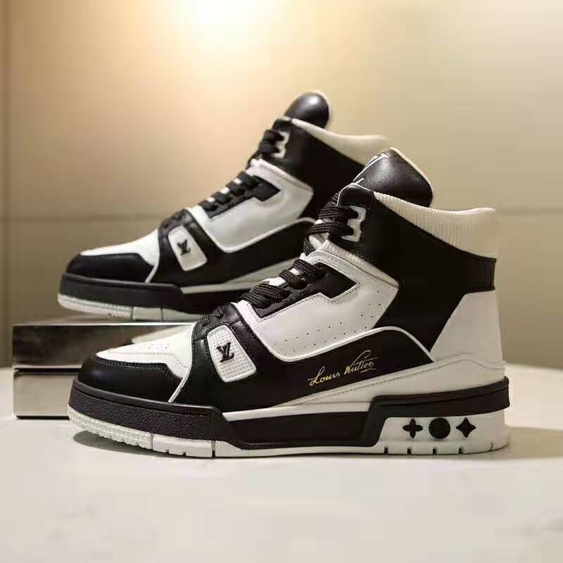 Louis Vuitton LV Unisex LV Trainer Sneaker in Calf Leather with Monogram Flowers-Black