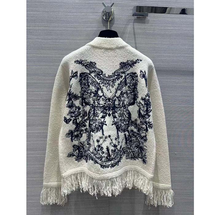 Dior Women CD Embroidered Jacket White Wool Cotton Alpaca Technical Knit Pastel Midnight Blue Butterfly