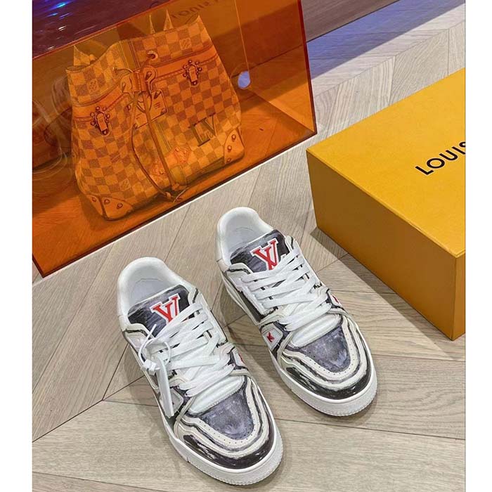 Louis Vuitton LV Unisex Trainer Sneaker Black Printed Calf Leather Rubber Outsole Monogram Flowers