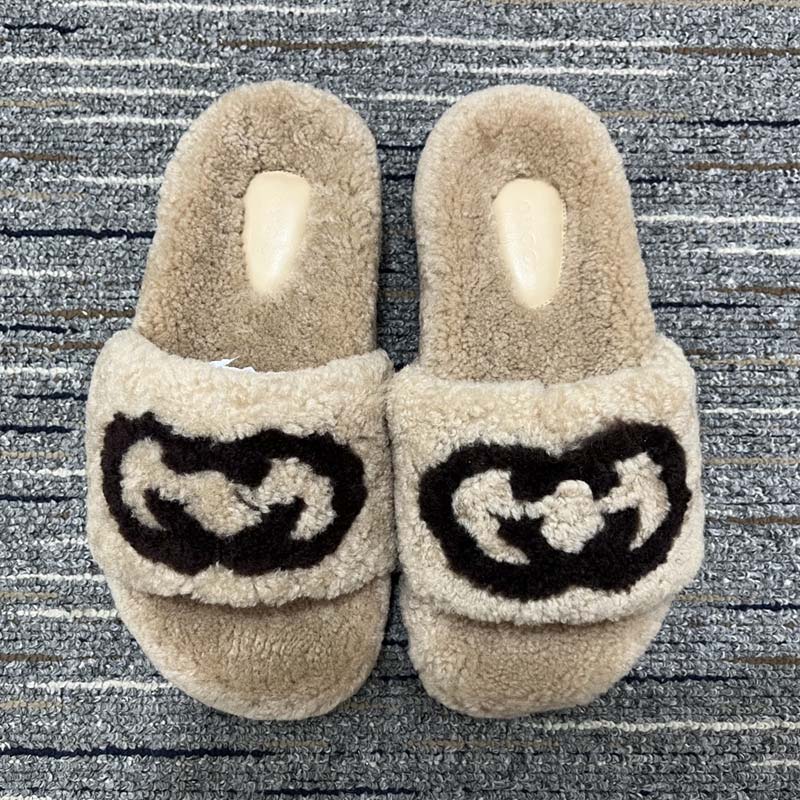 Gucci Unisex Slide Sandal Interlocking G Light Brown Merino Wool Flat