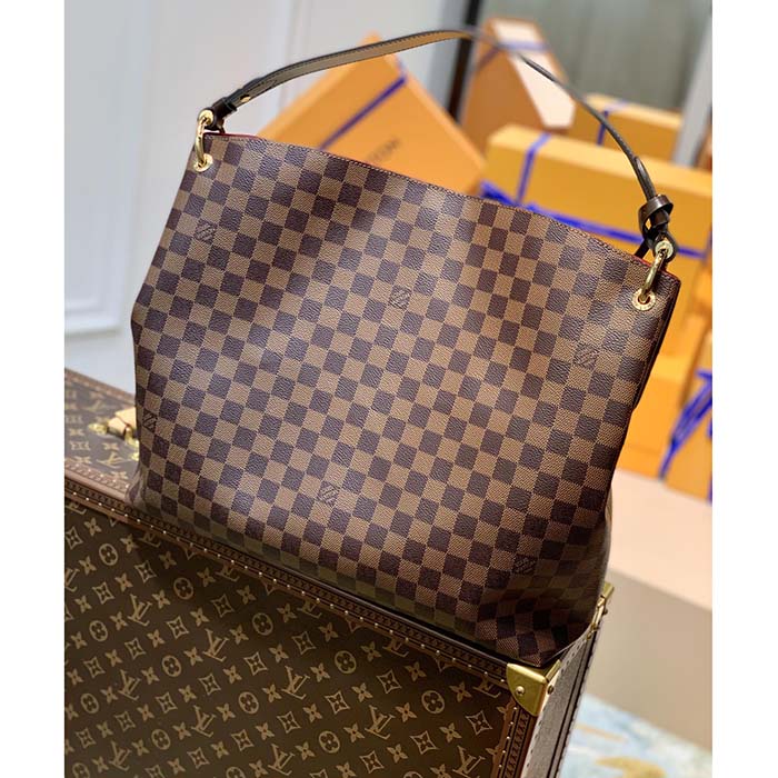 Louis Vuitton LV Unisex Graceful MM Hobo Damier Ebene Coated Canvas Cowhide Leather