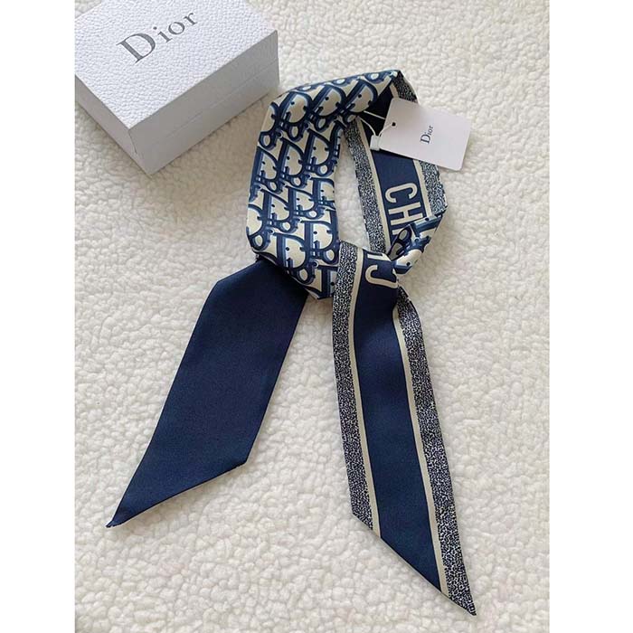 Dior Women CD Dior Oblique Mitzah Scarf Navy Blue Silk Twill