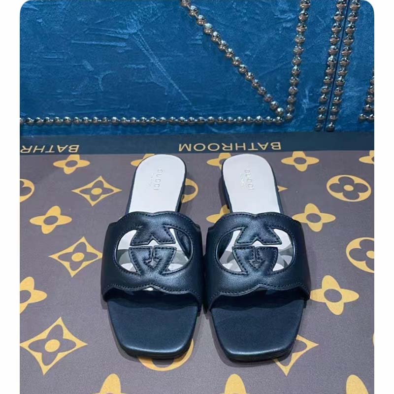 Gucci Unisex Interlocking G Slide Sandals Black Leather Cut-Out Flat