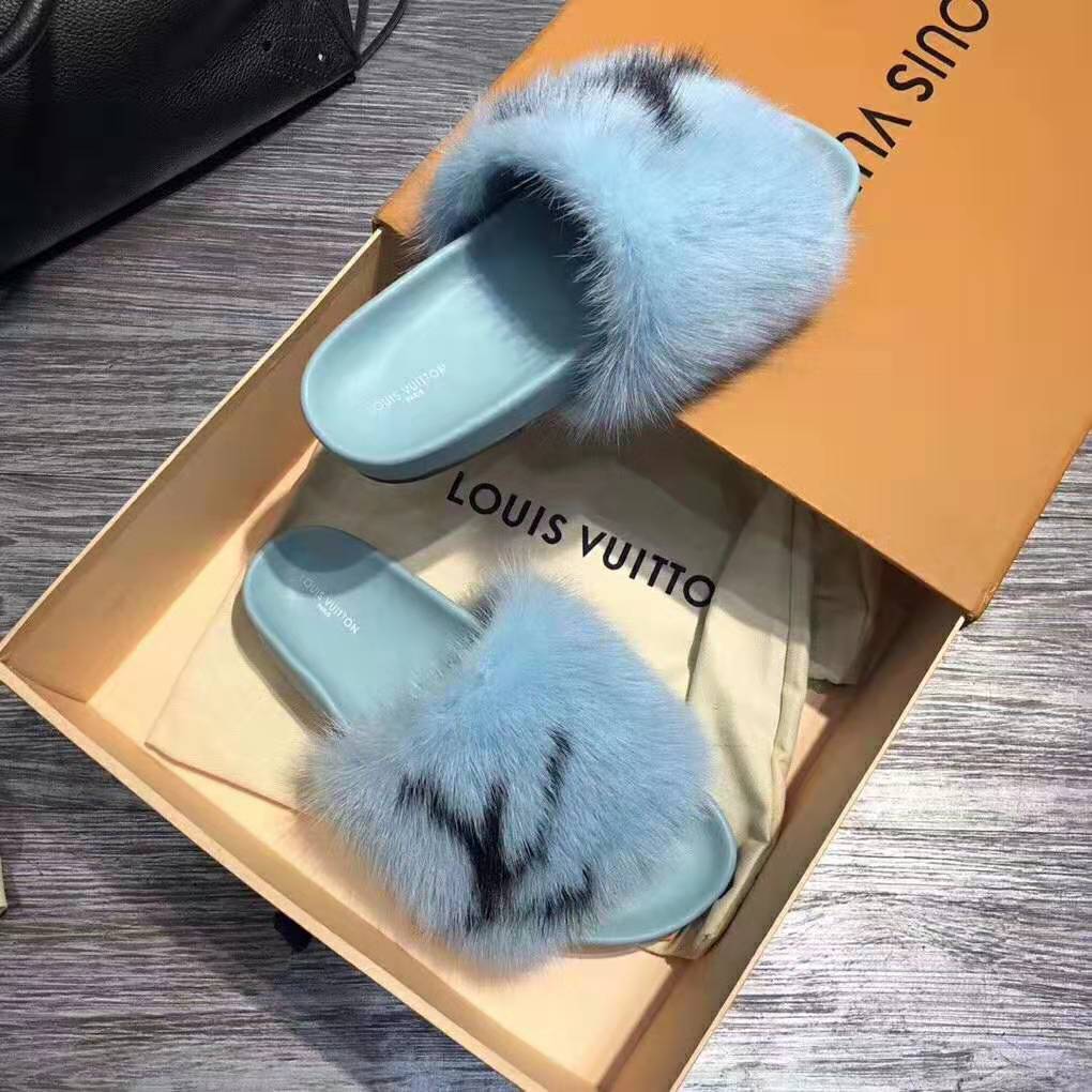Louis Vuitton LV Women Furry Sandals in Mink Hair Leather-Blue