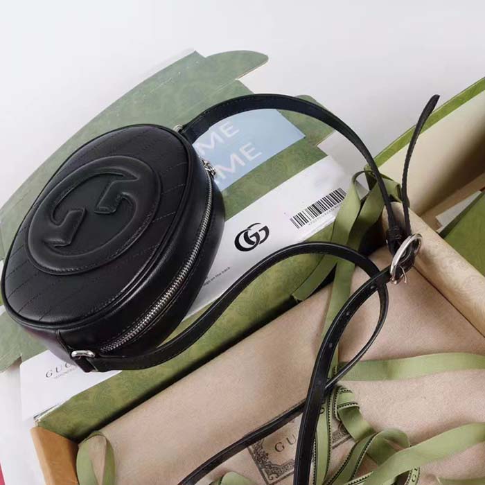 Gucci Women GG Blondie Mini Shoulder Bag Black Leather Round Interlocking G Patch