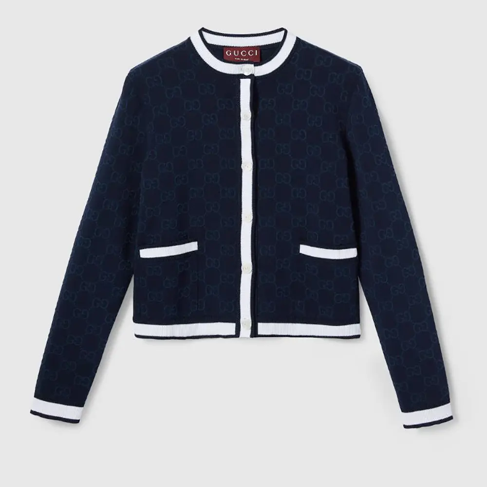 Gucci Women GG Fine Cotton Jacquard Cardigan-Navy 836304XKE0P