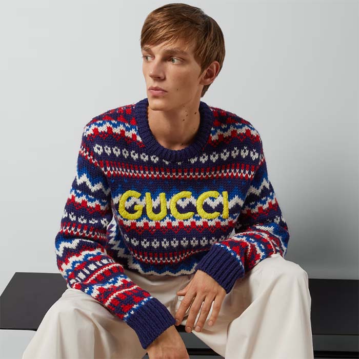 Gucci Men Knit Wool Sweater Gucci Embroidery Crewneck Dropped Shoulder Rib Style ‎763391 XKDOX 4216