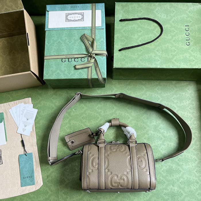 Gucci Unisex Jumbo GG Mini Duffle Bag Dark Green Leather Double G Zip Closure