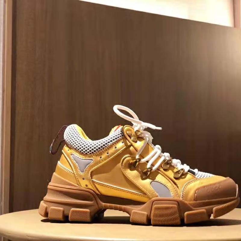 Gucci Unisex Flashtrek Sneaker in Gold Metallic Leather 5.6 cm Heel