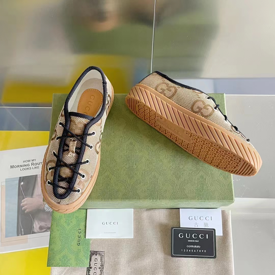 Gucci Unisex Maxi GG Sneaker Camel Ebony Canvas Rubber Sole Flat