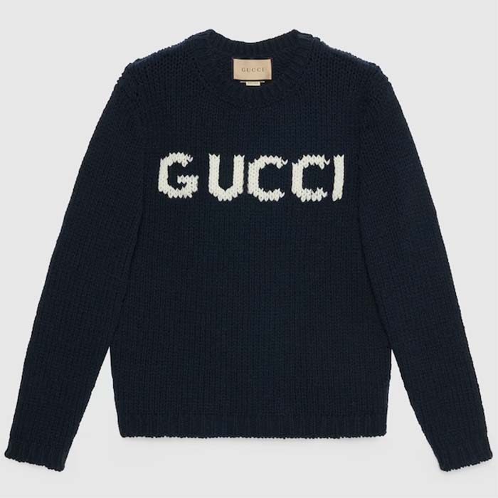 Gucci Women GG Wool Top Gucci Intarsia Black Ivory Wool Crewneck Dropped Shoulder Long Sleeves Rib