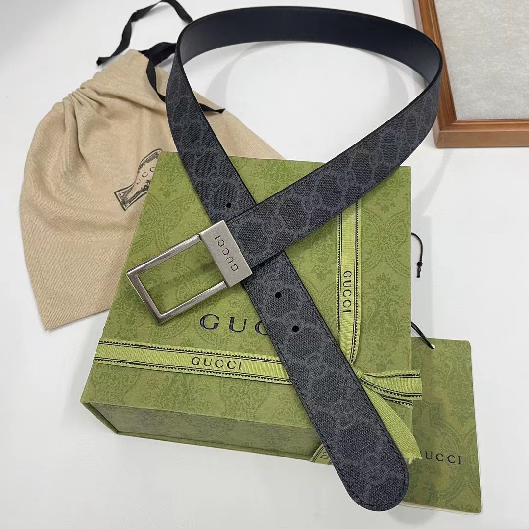 Gucci Unisex Belt Rectangular Buckle Black GG Supreme Canvas 3.6 CM Width