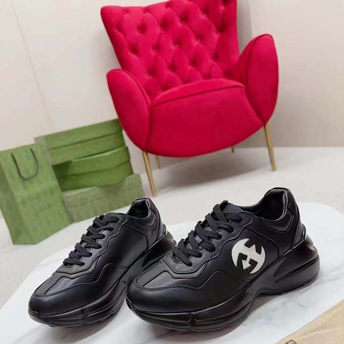 Gucci Unisex Interlocking G Rhyton Sneakers Black Leather White Cut-Out Rubber Sole